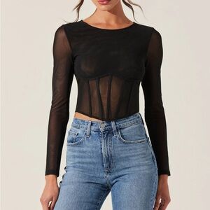 Astr Sheer Mesh Long-Sleeve Black Corset Crop Top